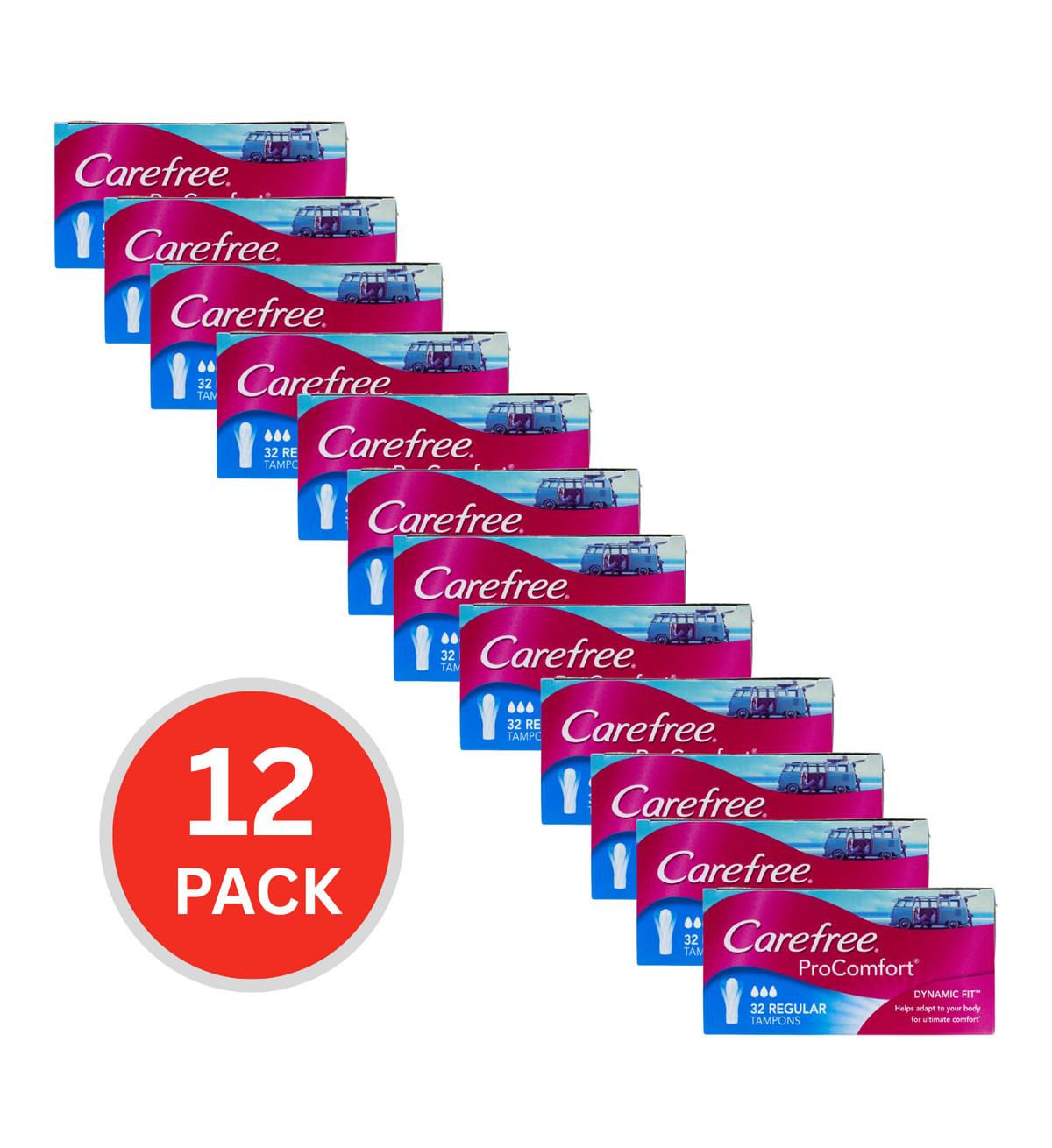 Carefree 32 Pack Regular Tampons Pro Comfort Dynamic Fit (12 Pack)
