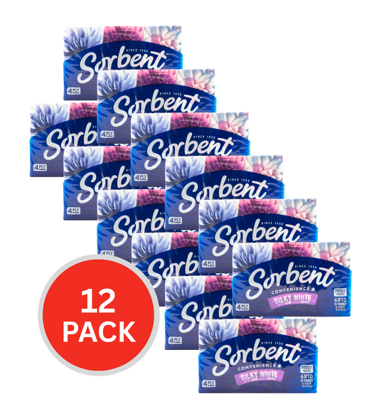 Sorbent 10 Tissues Silky White Soft & Strong Pocket Packet (21cm X 21cm) 12 x 6Pk (72 Pack)