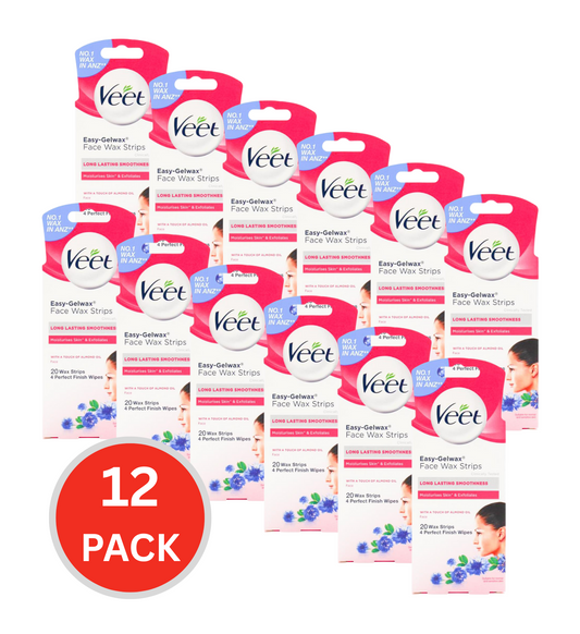 Veet Pk20 Easy- Gelwax Stirps Face Precision For Sensitive Skin Almond Oil And Vitamin E Fragrance + 4 Perfect Finish Wipes (12x Pack)