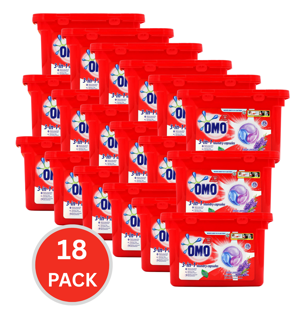 Omo 3-In-1 Laundry Capsules Fresh Lavender 15 Pack (18 Pack, 270 Capsules)