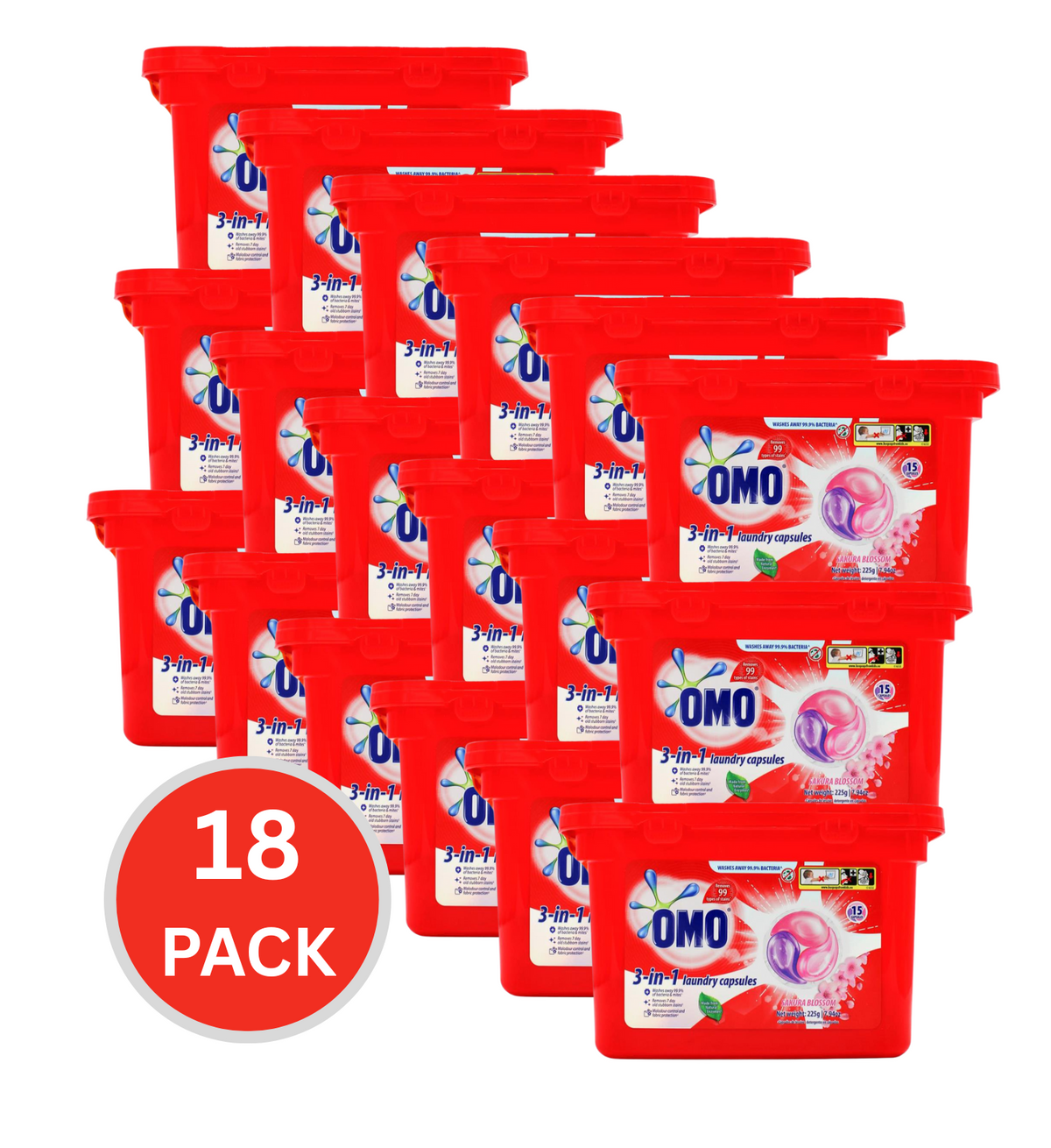 Omo 3 In 1 Laundry Capsules Sakura Blossom 15Pk (18 Pack, 270 Capsules)