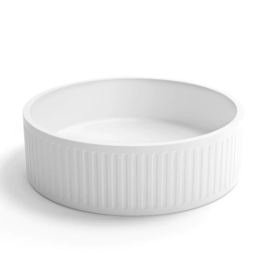 Hudson Round 400x400x120 Concrete Fluted White Basin