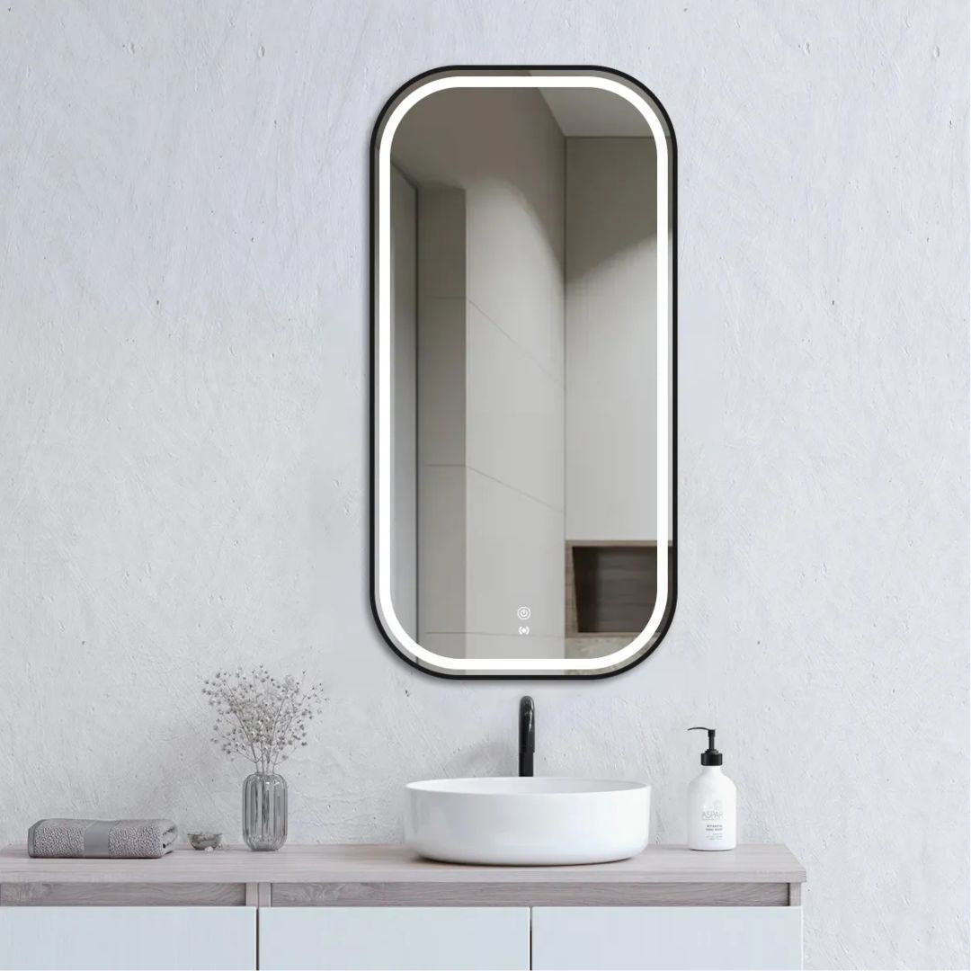 LED Newport 900(H)x450(W) Black Metal Frame Mirror Soft Square