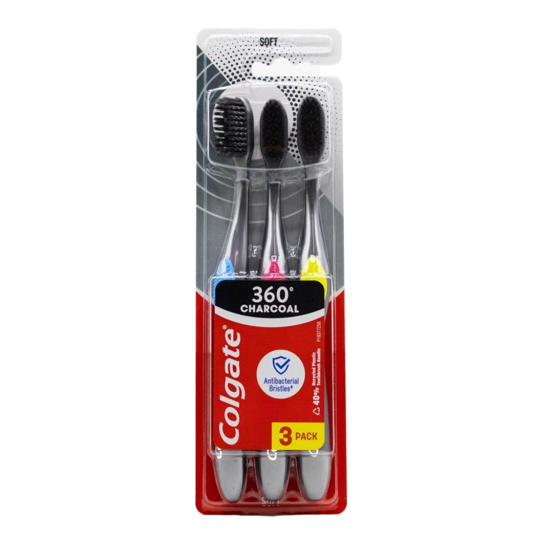 Colgate 360 Charcoal Toothbrush Soft Assorted Colours Pk3 (6 Pack)