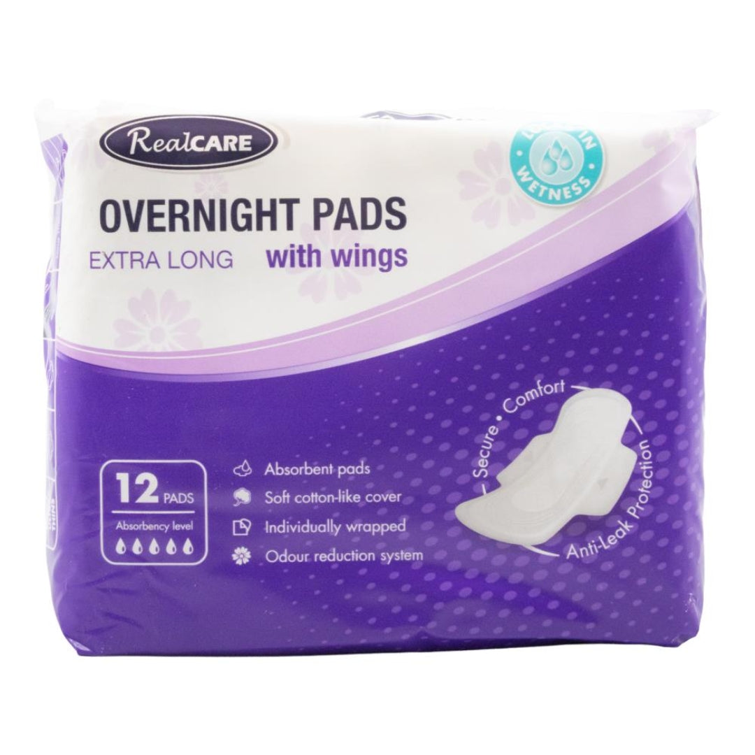 Real Care Overnight Pads Extra Long With Wings Absorbency Level 5 PK12 (16 Pack)