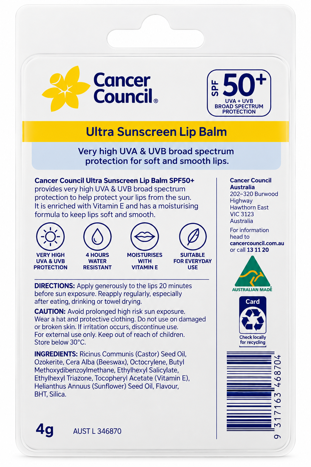 Cancer Council Ultra SPF50+ Sunscreen Lip Balm 4g x 8