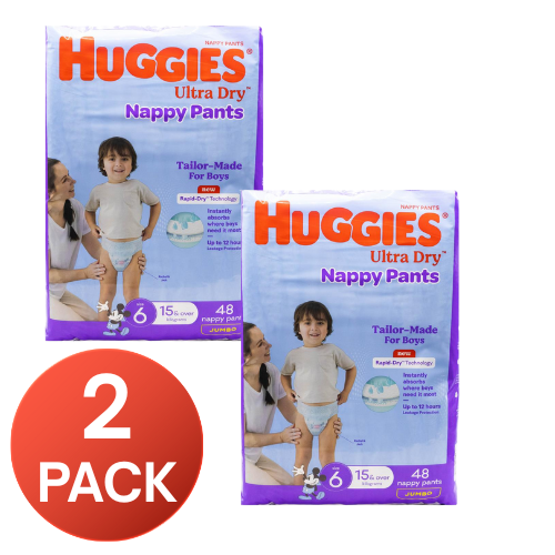 Huggies Nappy Pants Ultra Dry Boys Size 6 15kg+ 48 Pack (2 Pack, 96 Pants)