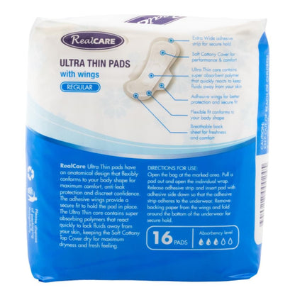 Real Care Ultra Thin Pads With Wings Regular Absorbency Level 3 PK16 (16 Pack)