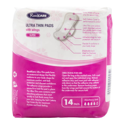 Real Care Ultra Thin Pads Super With Wings Absorbency Level 4 PK14 (16 Pack)