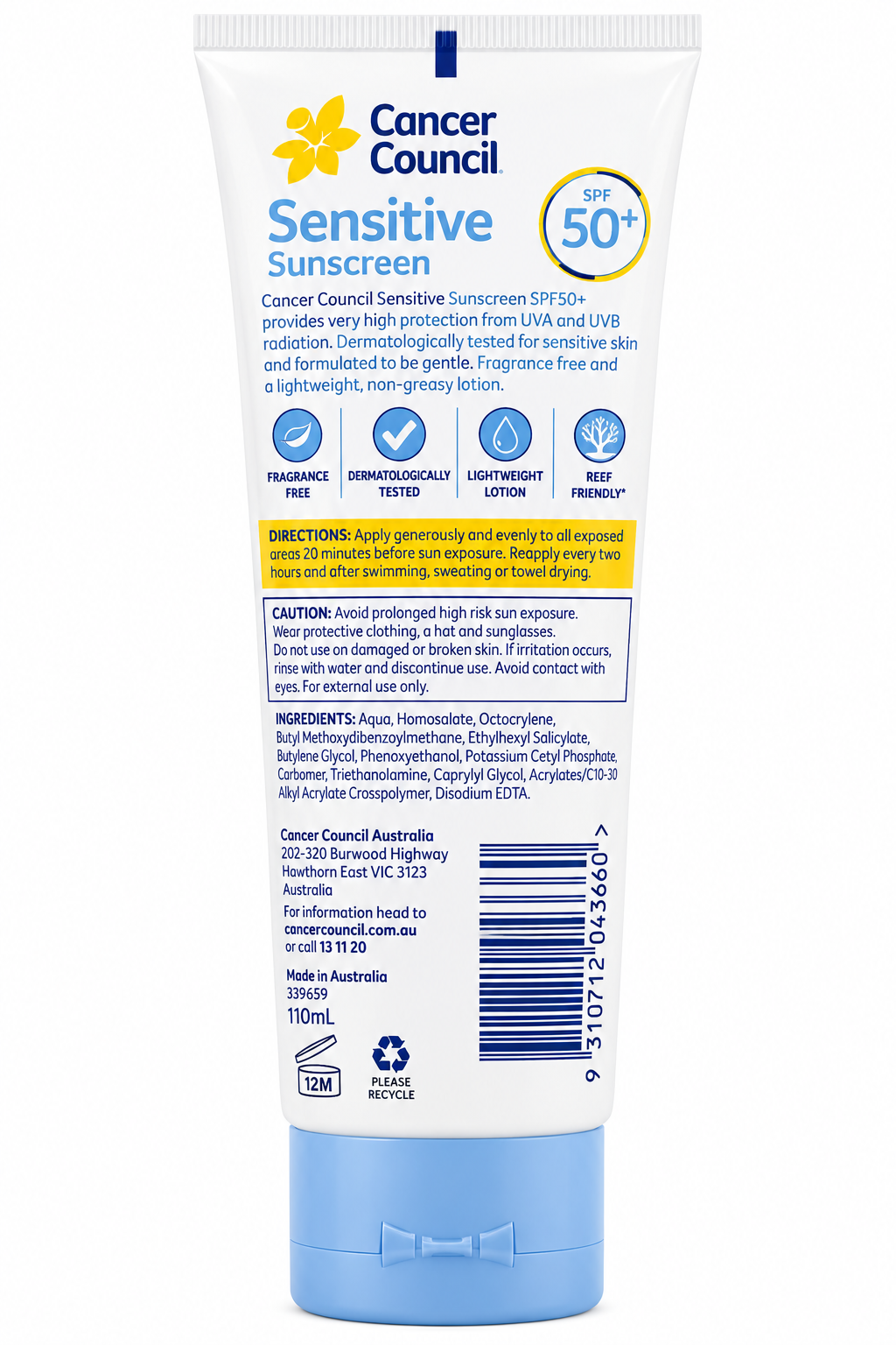 Cancer Council Sensitive Sunscreen SPF50+ 110mL x 4