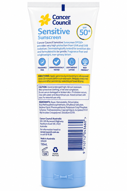 Cancer Council Sensitive Sunscreen SPF50+ 110mL x 4