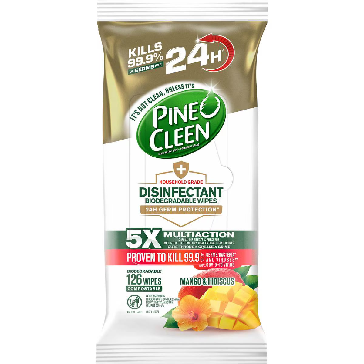 Pine O Clean Household Grade Wipes 24H Germ Protection Mango & Hibiscus (4 Pack, PK126)