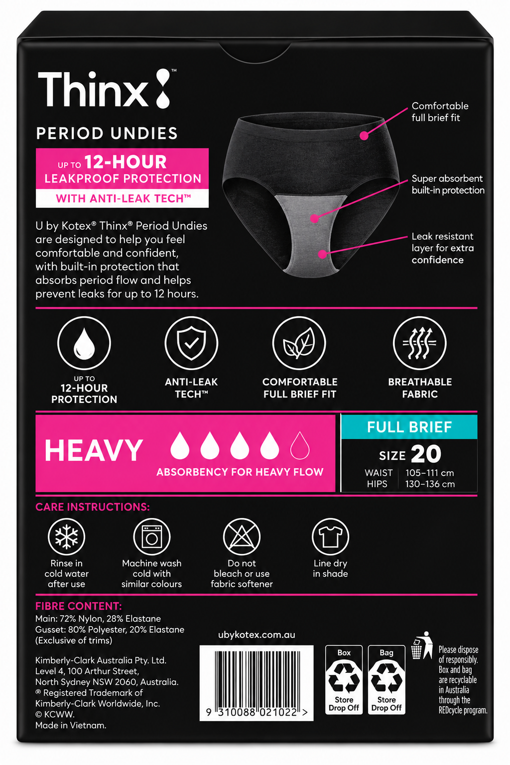 U by Kotex Thinx Period Undies Heavy Full Brief Size 20 12 Hour 5 Pack
