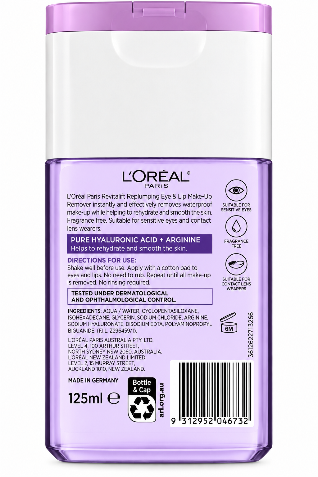 L'Oreal Revitalift Eye Lip Makeup Remover 125mL x 6