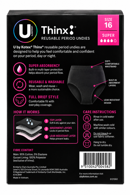 U by Kotex Thinx Period Undies Super Full Brief Size 16 Reusable x 6 Pack