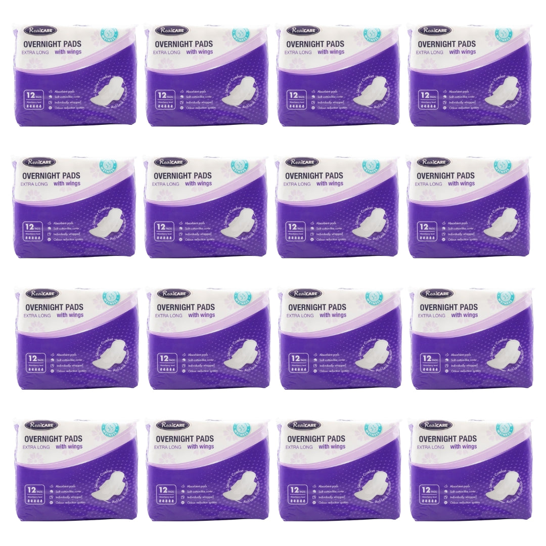Real Care Overnight Pads Extra Long With Wings Absorbency Level 5 PK12 (16 Pack)