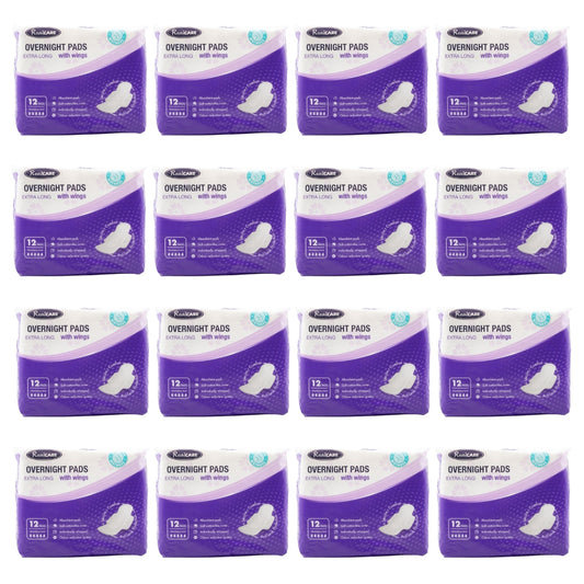 Real Care Overnight Pads Extra Long With Wings Absorbency Level 5 PK12 (16 Pack)