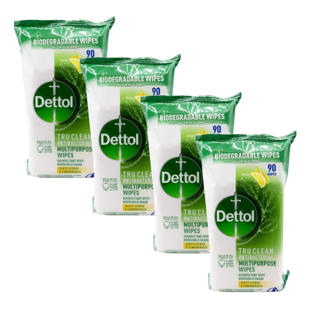 Dettol Tru Clean Antibacterial Wipes Citrus & Lemongrass PK90 (4 Pack)