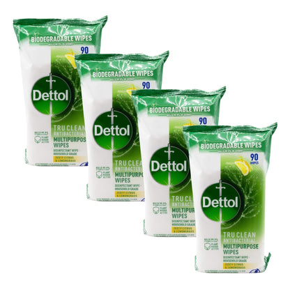 Dettol Tru Clean Antibacterial Wipes Citrus & Lemongrass PK90 (4 Pack)