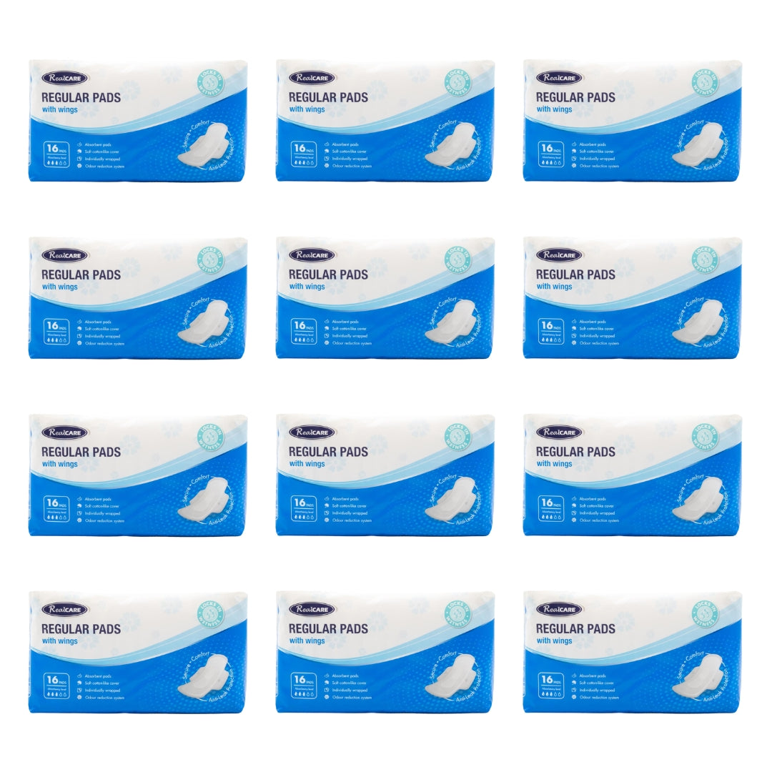 Real Care Regular Pads With Wings Absorbency Level 3 PK16 (12 Pack)