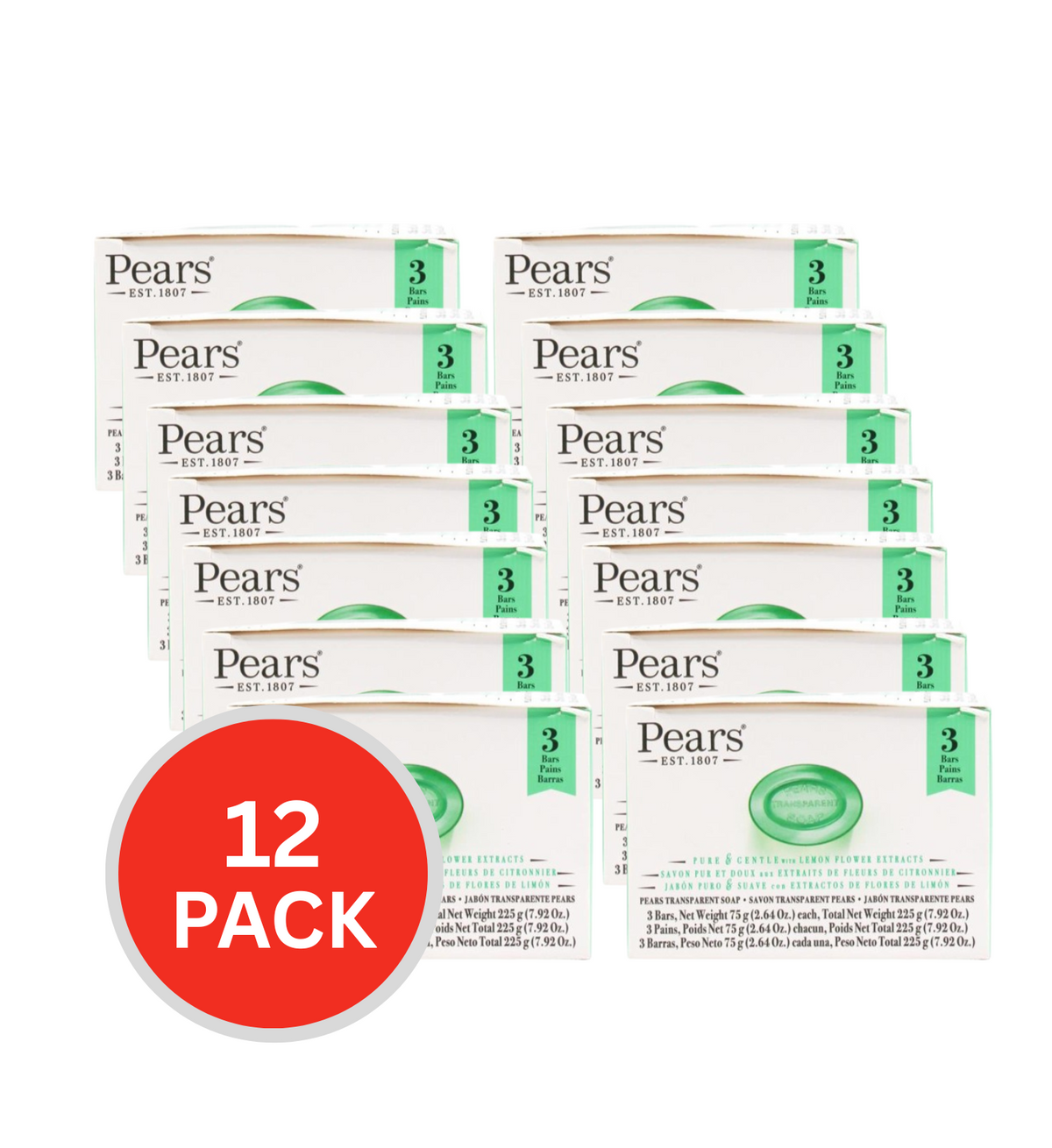 Pears 75g Soap Bar Green 12 x 3Pk (Value Pack 36)