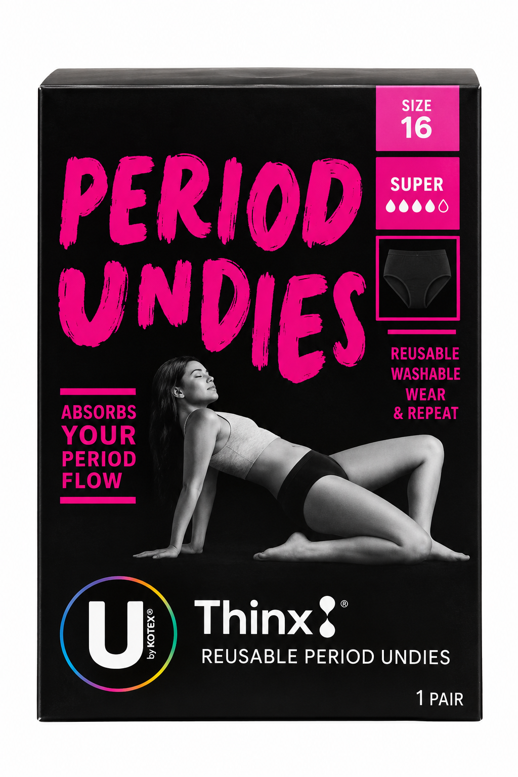 U by Kotex Thinx Period Undies Super Full Brief Size 16 Reusable x 6 Pack