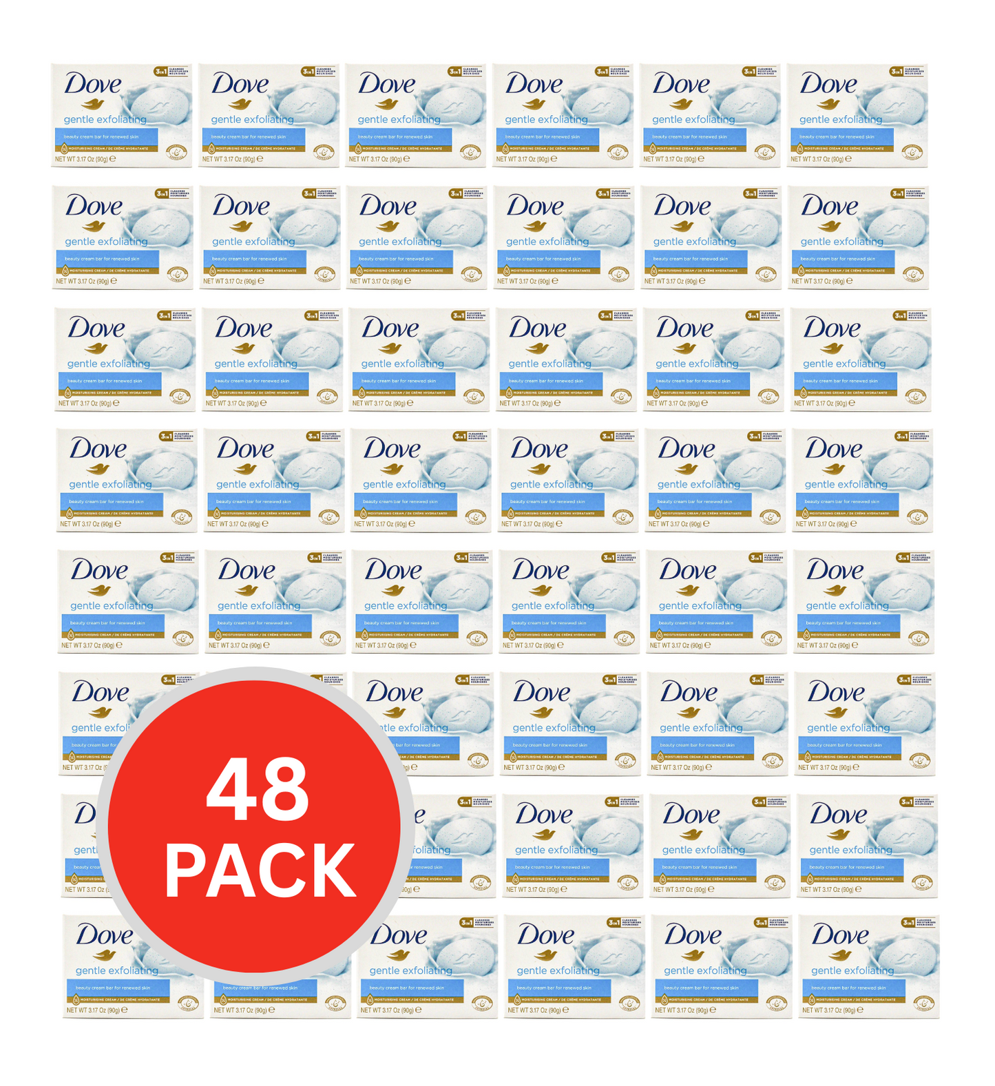 Dove Beauty Cream Soap Bar For Renewed Skin Gentle Exfoliating 3 In 1 Cleanses Moisturises Nourishes 90g (48 Pack)