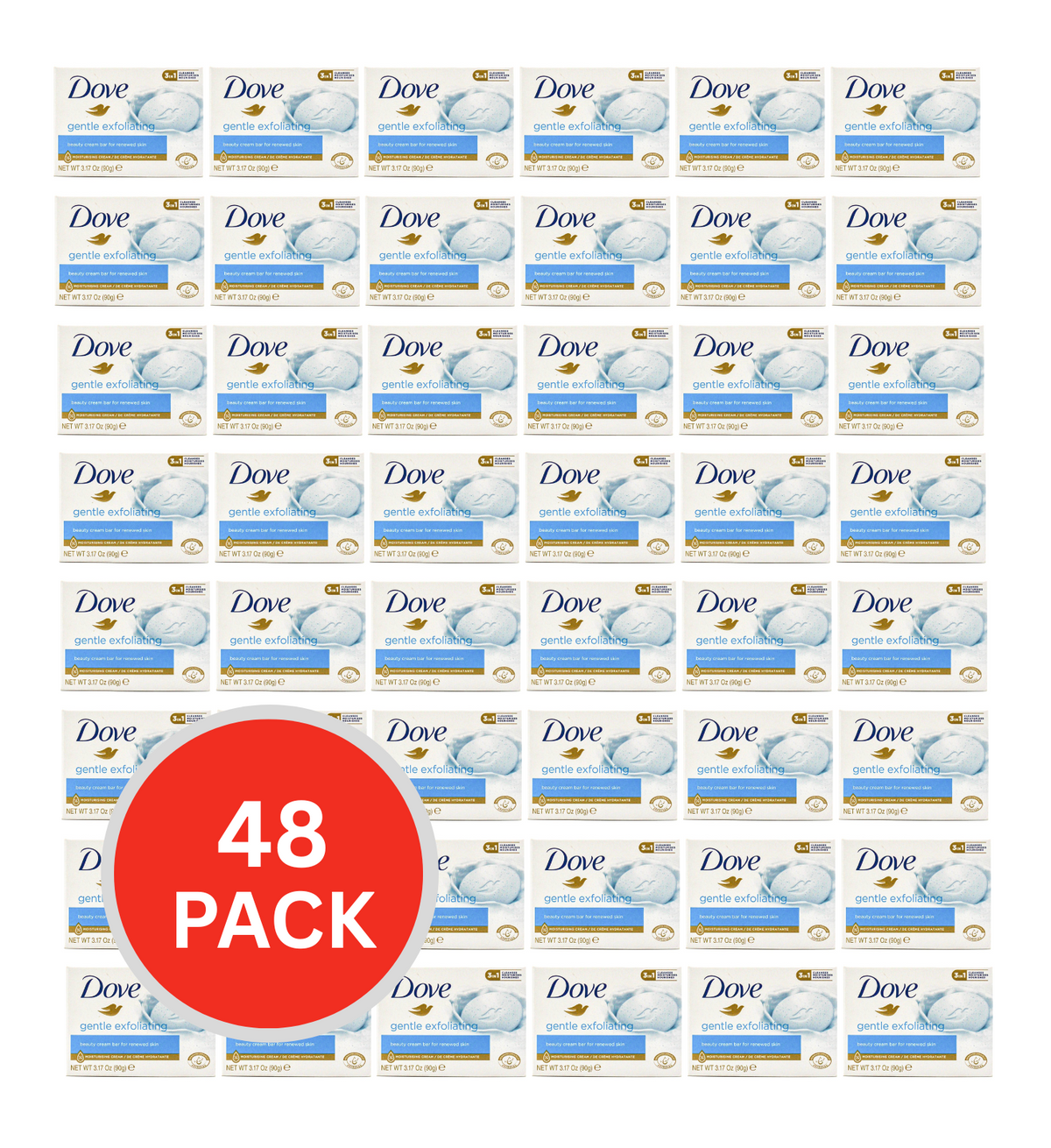 Dove Beauty Cream Soap Bar For Renewed Skin Gentle Exfoliating 3 In 1 Cleanses Moisturises Nourishes 90g (48 Pack)
