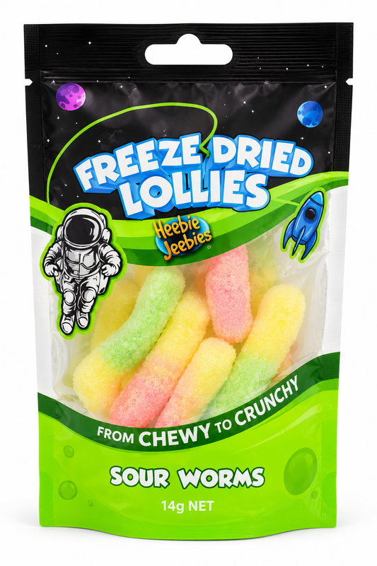 Heebie Jeebies Freeze Dried Lollies Sour Worms 14g x 24