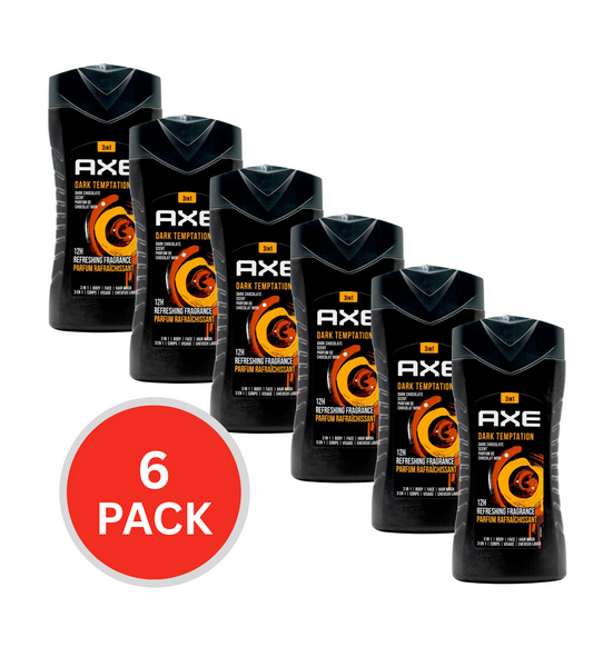 Axe 250ml 3 In 1 Body + Face + Hair Wash Dark Temptation Dark Chocolate (6x Pack)