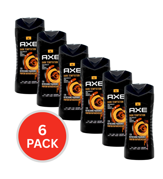 Axe 400ml 3 In 1 Body + Face+ Hair Wash Dark Temptations Dark Chocolate Scent (6x Pack)