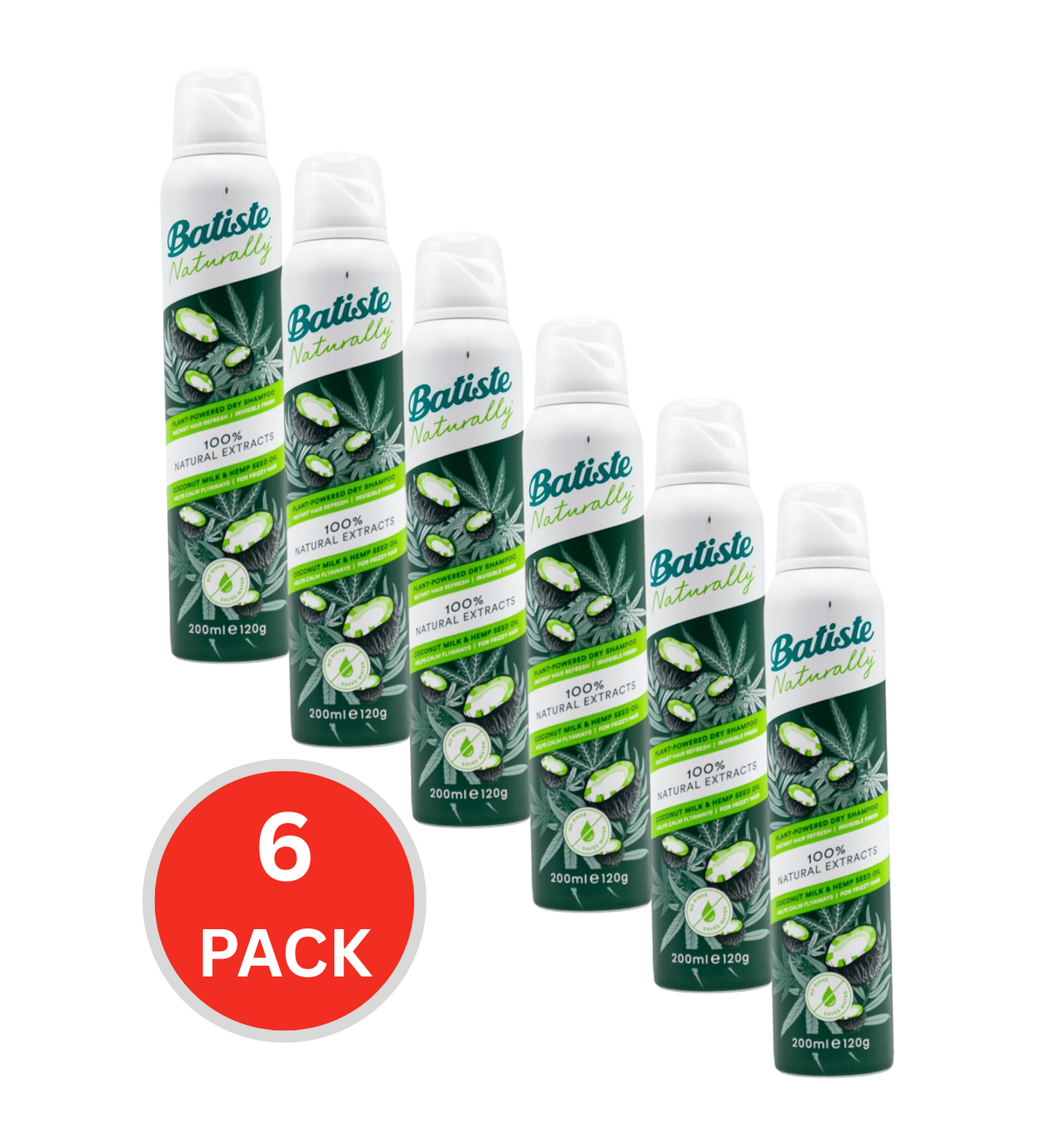 Batiste 200ml / 120g Dry Shampoo 100% Natural Extracts Coconut Milk And Hemp Seed Oil (6x Pack)