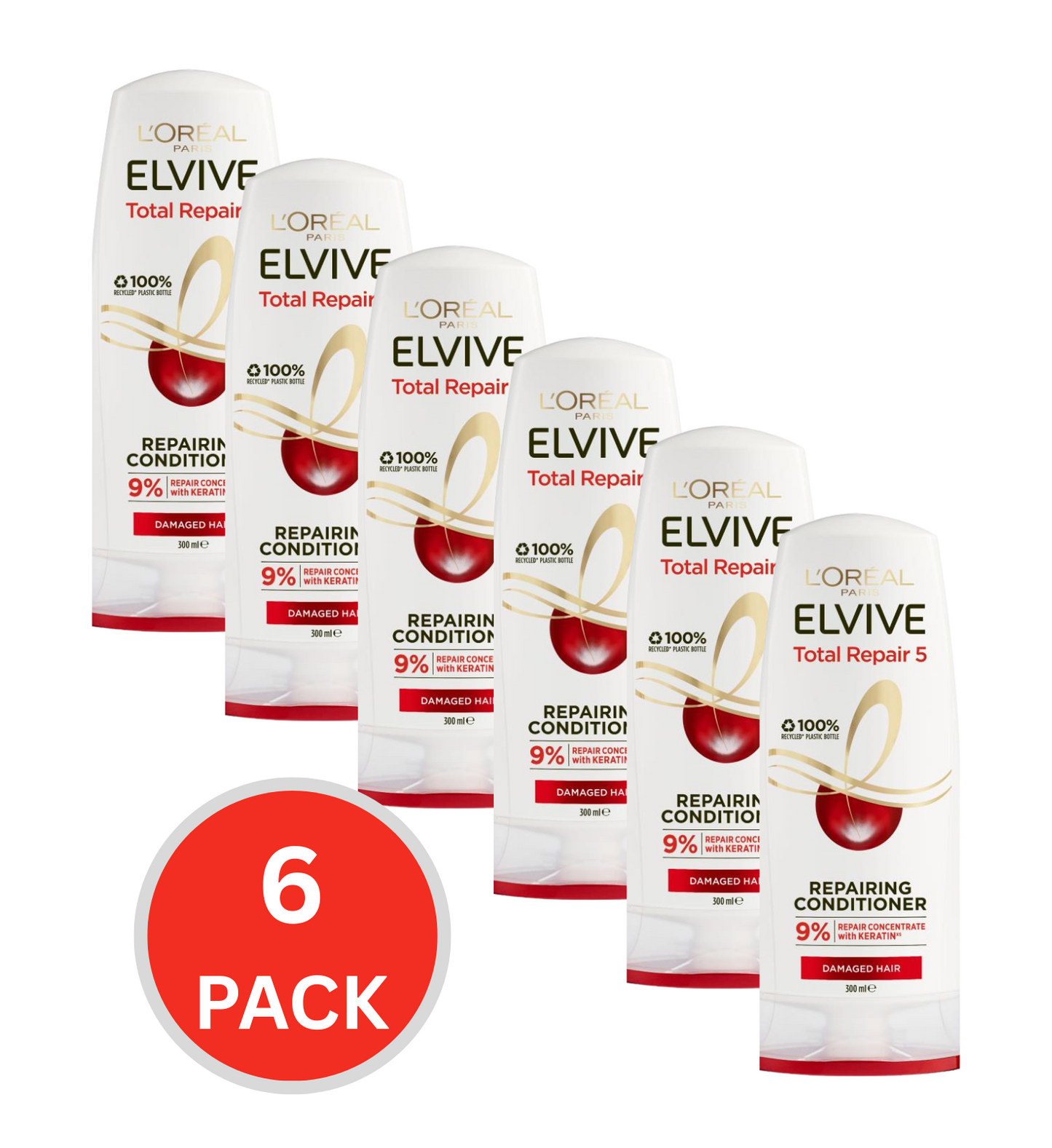 Loreal Conditioner Elvive Repairing Total Repair 5 Damaged Hair 300ml (6x Pack)