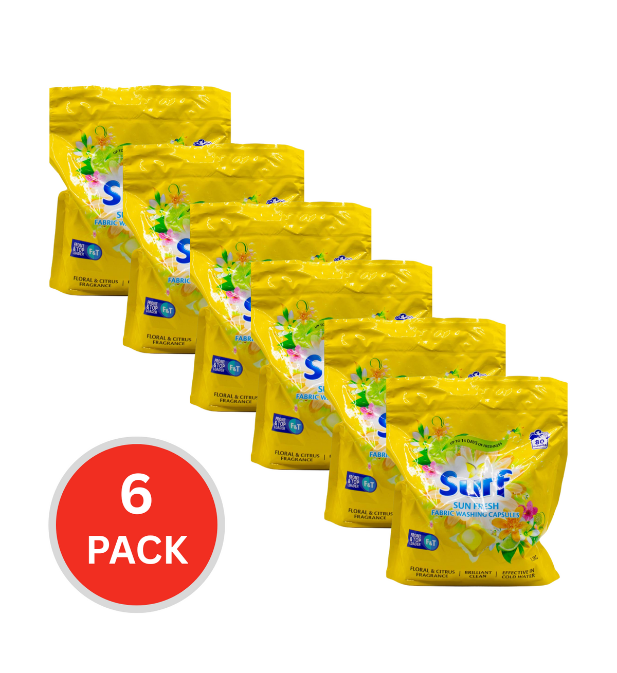 Surf Pk80 Fabric Washing Capsules Front And Top Loder Sun Fresh (6x Pack)