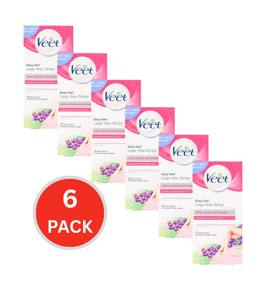 Veet Pk20 Easy- Gelwax Strips For Normal Skin Shea Butter And Acai Berries Fragrance + 2 Perfect Finish Wipes (6x Pack)