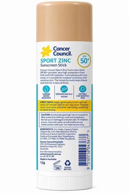 Cancer Council Sport Zinc SPF50+ Tinted Sunscreen Stick 12g x 6