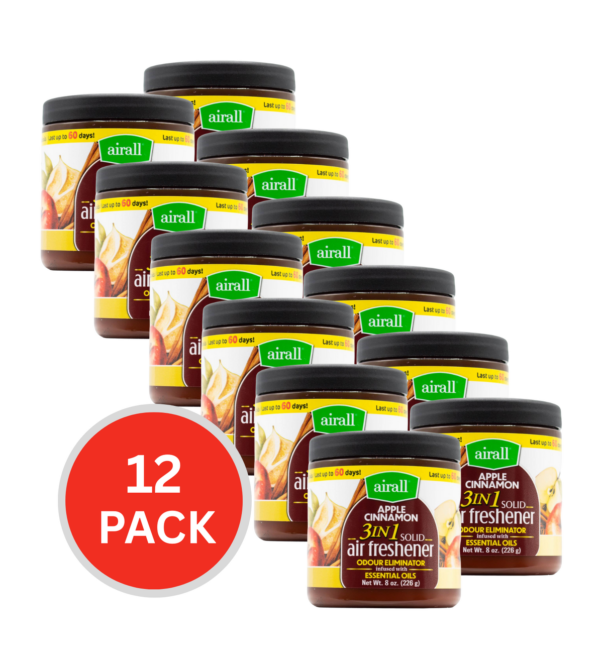 Airall 226g Air Freshener Solid 3 In 1 Odour Eliminator Infused With Essential Oils Apple Cinamon (12x Pack)