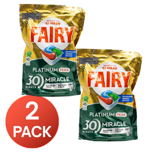 Fairy 90 Tablets PK45 Platinum Plus Dishwasher Capsules Herbal Breeze (2 Pack)