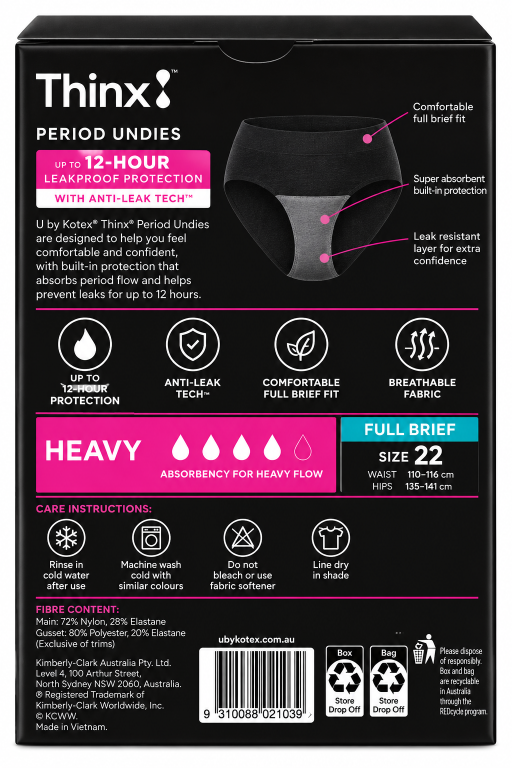 U by Kotex Thinx Period Undies Full Brief Heavy Size 22 12 Hour 5 Pack