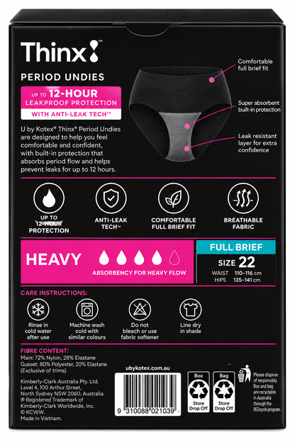 U by Kotex Thinx Period Undies Full Brief Heavy Size 22 12 Hour 5 Pack