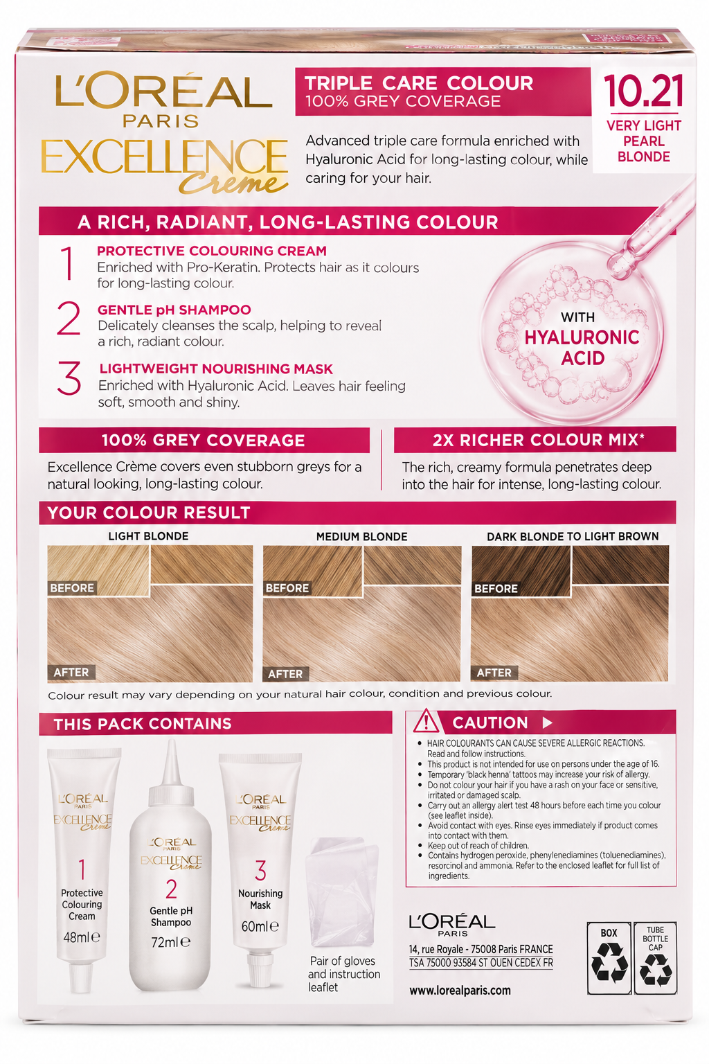 L'Oreal Excellence Creme Hair Dye 10.21 Very Light Pearl Blonde x 3