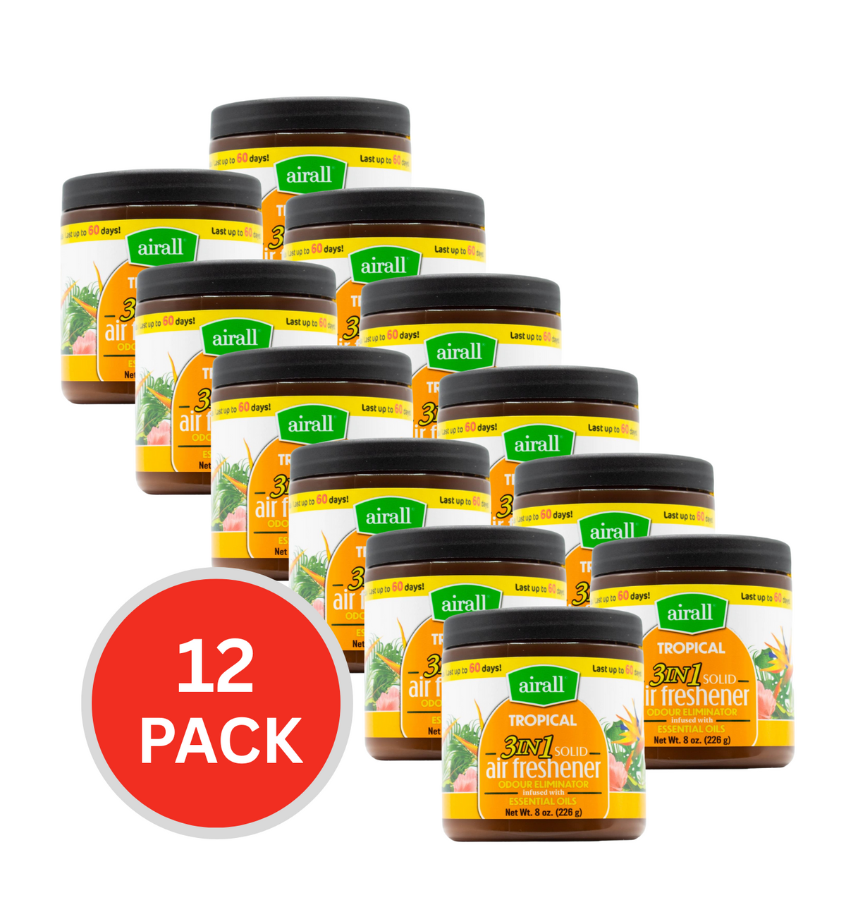 Airall 226g Air Freshener Solid 3 In 1 Odour Eliminator Infused With Essential Oils Tropical (12x Pack)