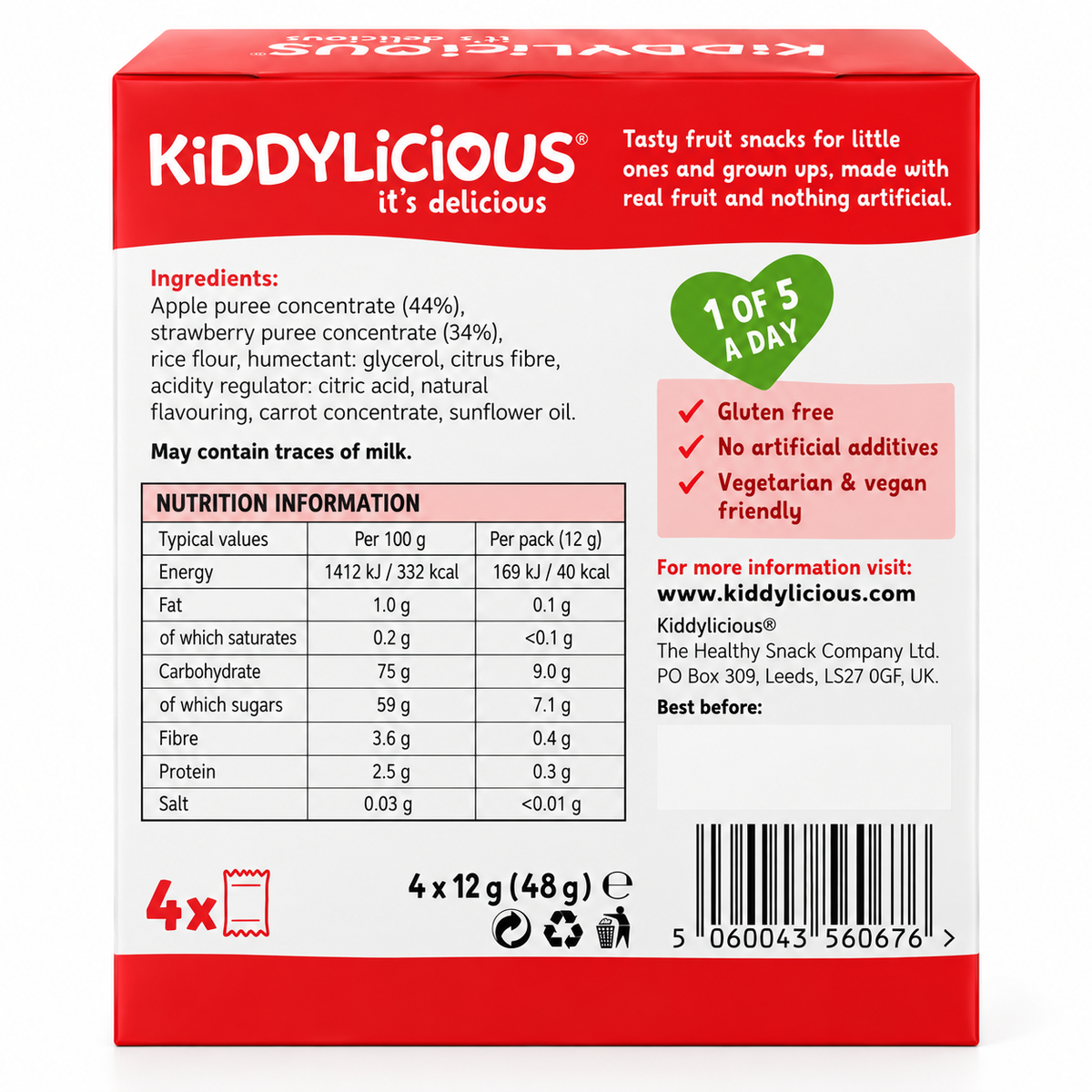 Kiddylicious Strawberry Fruit Wriggles 4x12g x 7 Boxes 28