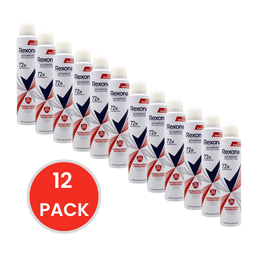 Rexona 130g / 200mL Antiperspirant Advanced Protection 72H Motion Sense 0% Alcohol Antibacterial Protection (12 Pack)