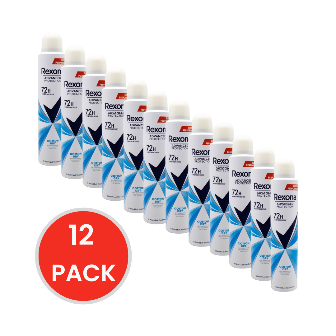 Rexona 130g / 200mL Antiperspirant Advanced Protection 72H Motion Sense 0% Alcohol Cotton Dry (12 Pack)