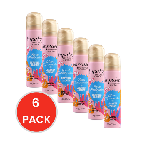 Impulse 50g Perfume Body Spray Burnt Marshmallow And Leather Jacket Limited Edition (6 Pack)