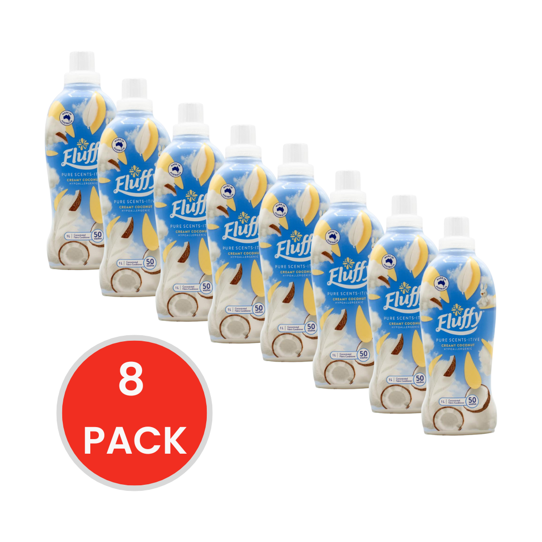 Fluffy 1L Fabric Softener Hypoallergenic Creamy Coconut (8 Pack)