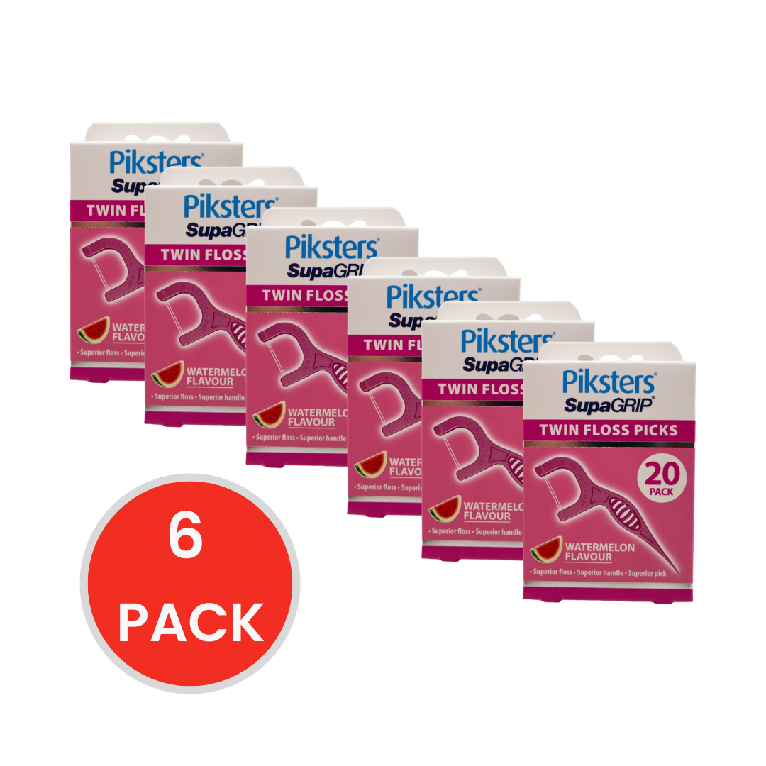 Piksters PK20 Twin Floss Picks Supa Grip Watermelon Flavour (6 Pack)