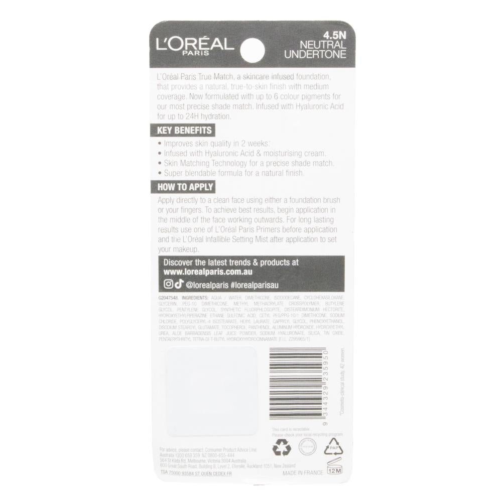 LOREAL 30mL FOUNDATION TRUE MATCH MEDIUM COVERAGE NEUTRAL UNDERTONE 4.5N CARDED (2x Pack)