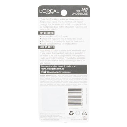 LOREAL 30mL FOUNDATION TRUE MATCH MEDIUM COVERAGE NEUTRAL UNDERTONE 4.5N CARDED (2x Pack)